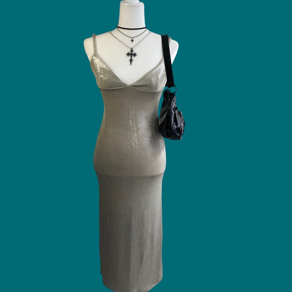 Motel Rocks Metallic Gold Slip Dress Y2K Glam Indie Sleaze Size S Midi Slinky